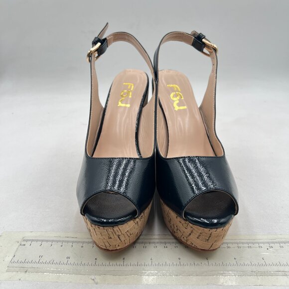 FSJ Black Peep Toe High Heel Wedge Sandals Slip on Cork Slingback Platform Pump - Picture 3 of 8